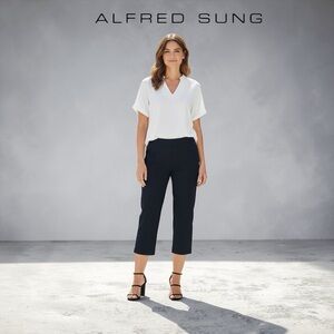 ALFRED SUNG, Black Capri Pants Cropped Stretch Dress Pants, Size 4, Pull-On